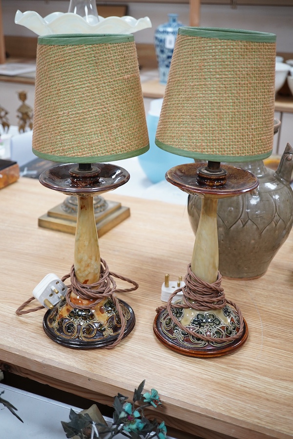 A pair of Royal Doulton stoneware 'candlestick' bedside lamps and shades, 41cm total. Condition - good, not tested